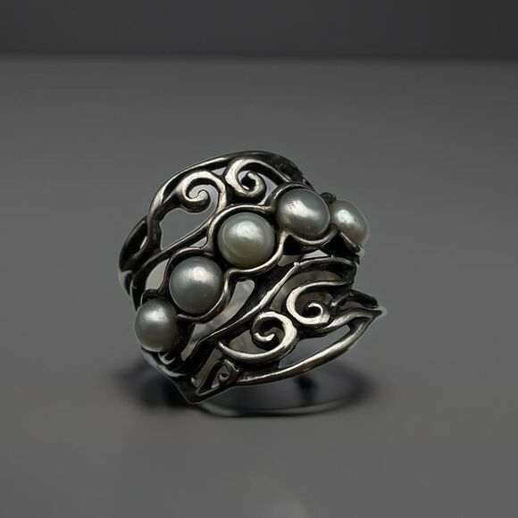 didae Jewelry - Didae Israel Sterling Silver Nested Pearl Modernist Ring Wide Band‎ Ring